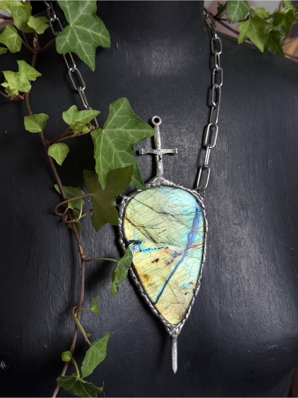 Labradorite Shield Pendant Necklace w sword witchy statement jewelry for women